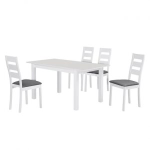 MILLER Set Τραπεζαρία Κουζίνας Άσπρο, Ύφασμα Γκρι : Τραπέζι Επεκτεινόμενο + 4 Καρέκλες
